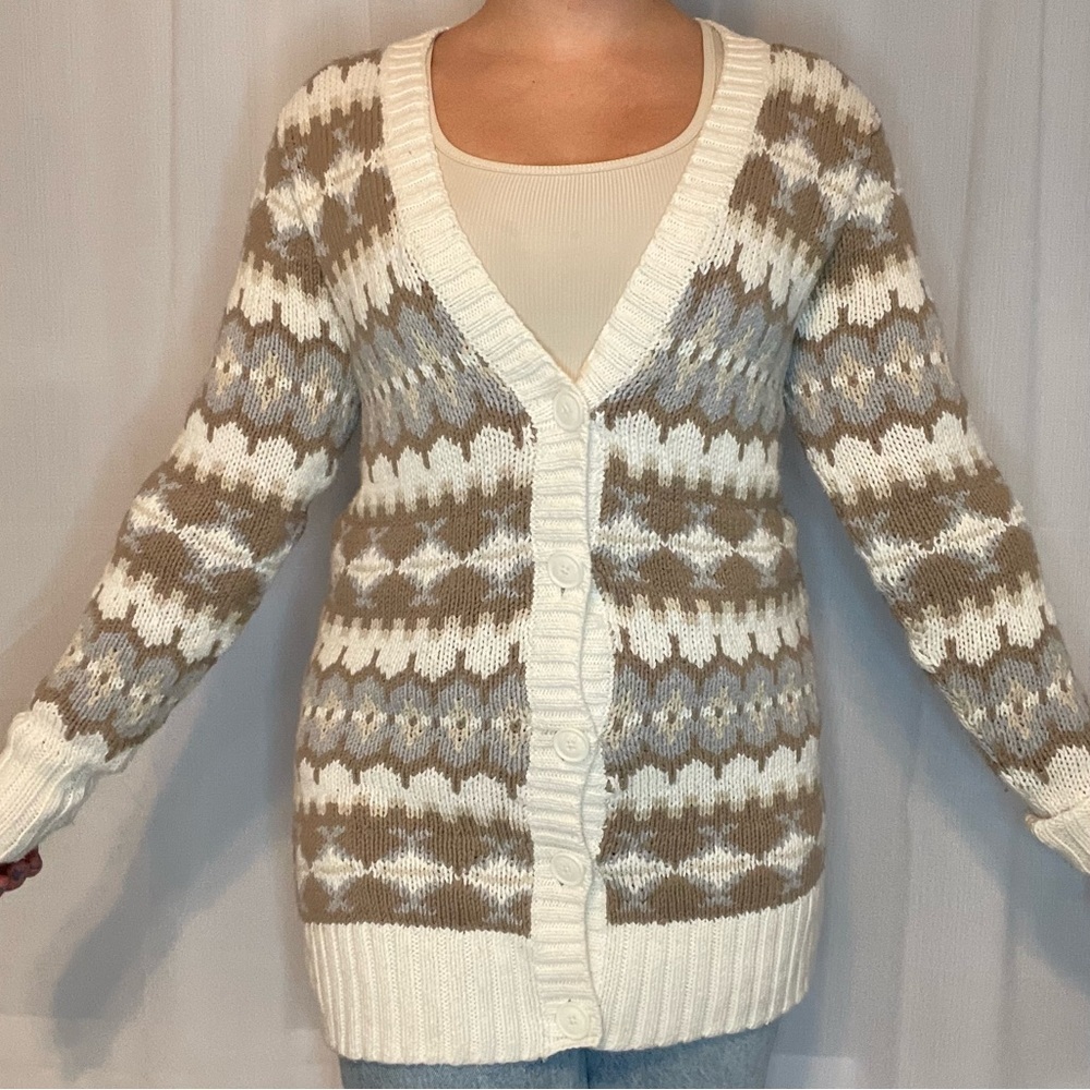 Bass Cream, Beige & Light Blue Fair Isle Button Cardigan